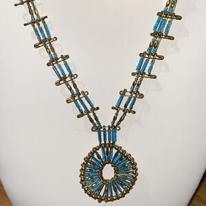 Vintage Navajo Handmade Turquoise Seed Bead Safety Pin Necklace 26" Long